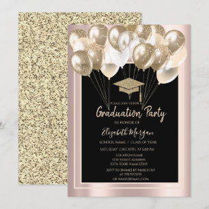 Elegant Glitter Grad Cap,Balloons Rose Gold Invitation