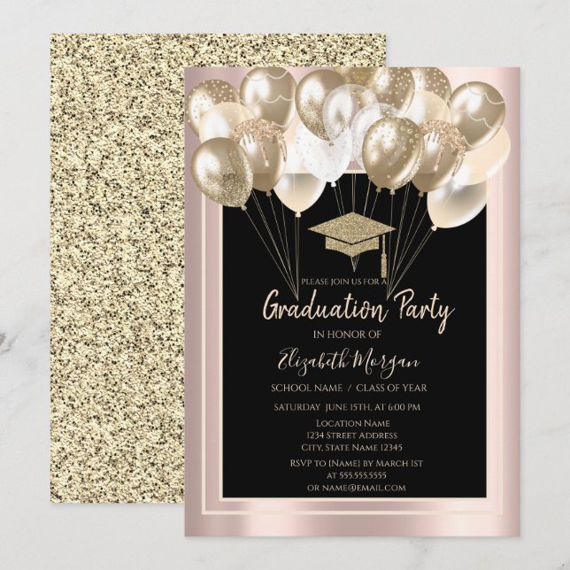 Elegant Glitter Grad Cap,Balloons Rose Gold  Invitation (Front/Back)