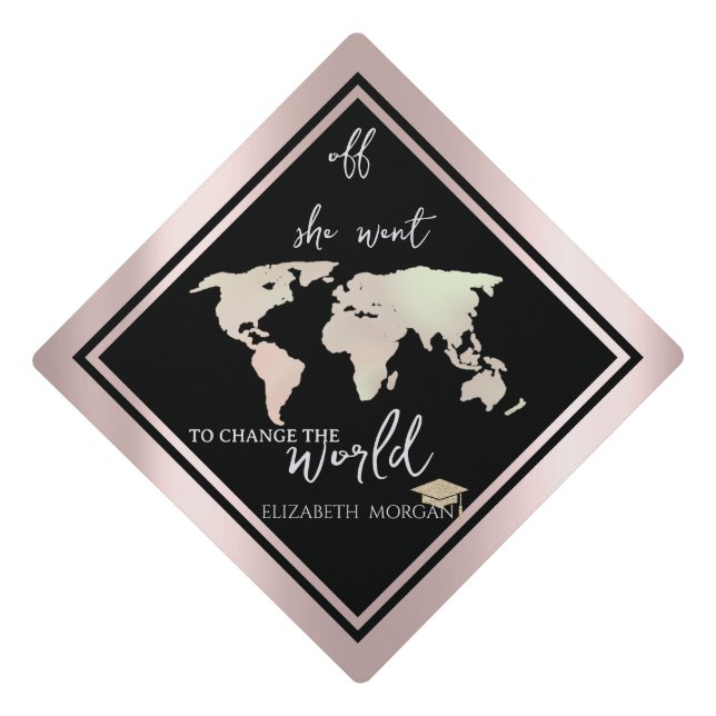 Elegant Glitter Grad Cap World Map Rose Gold  (Front)