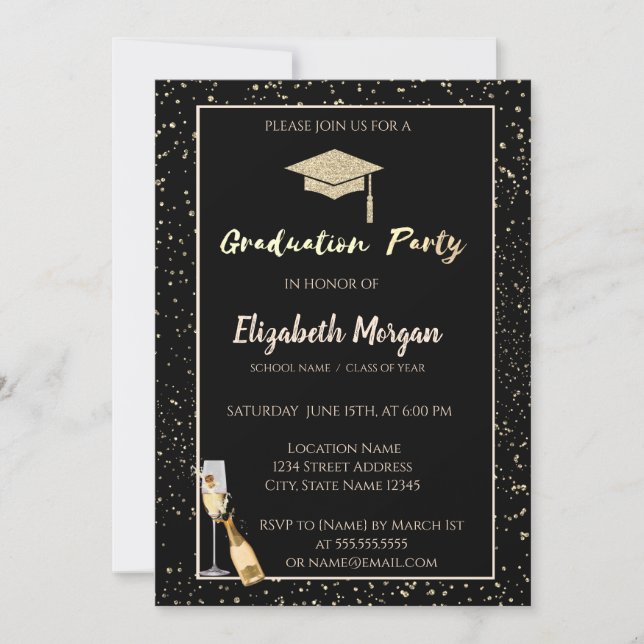 Elegant Glitter Graduation Cap,Confetti,Wine,Glass Invitation (Front)