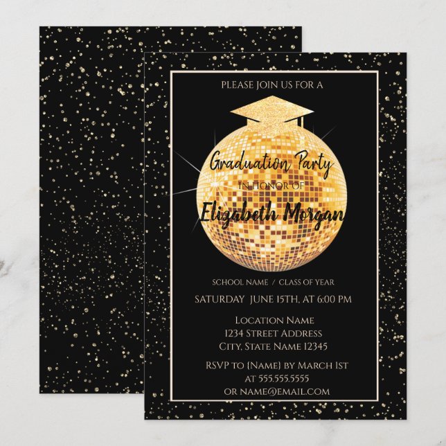 Elegant Glitter Graduation Cap,Disco Ball Confetti Invitation (Front/Back)