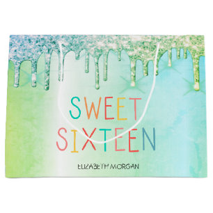 Elegant Glitter Green Drips Colorful Sweet 16 Large Gift Bag