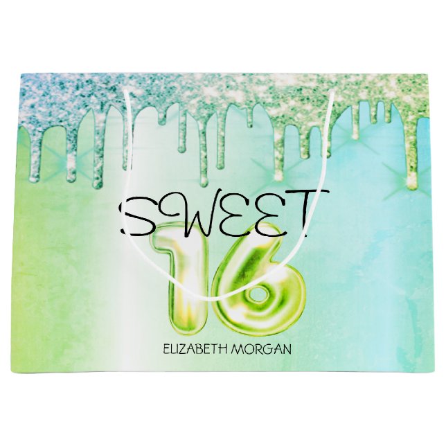 Elegant Glitter Green Drips Green Sweet 16 Large Gift Bag (Front)