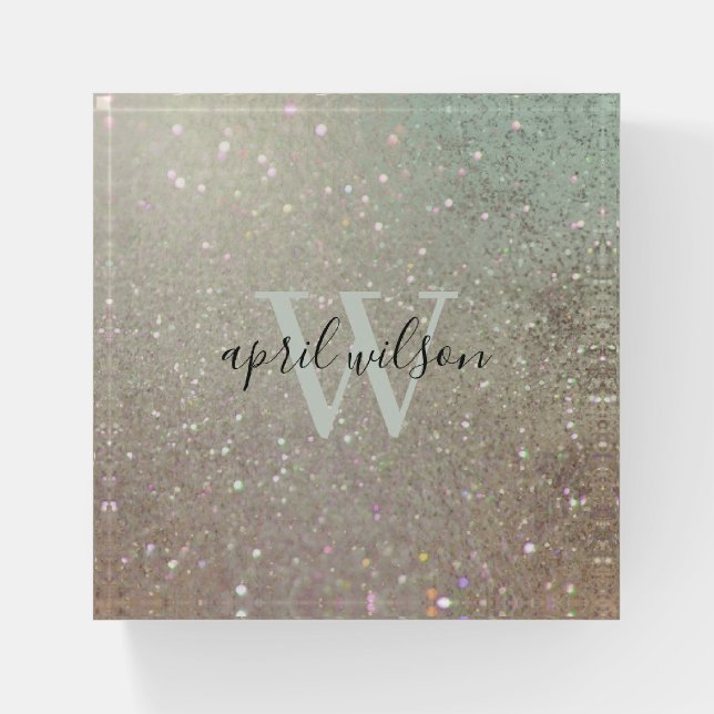 Elegant Glitter Green Pink Aqua Shiny Shimmer Paperweight (Front)