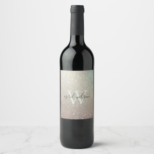 Elegant Glitter Green Pink Aqua Shiny Shimmer Wine Label (Front)