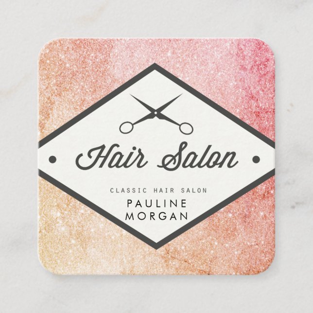 Elegant Glitter Hair Stylist Square Business Card (Front)