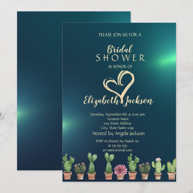 Elegant Glitter Heart Cactus Green Bridal Shower  Invitation (Front/Back)