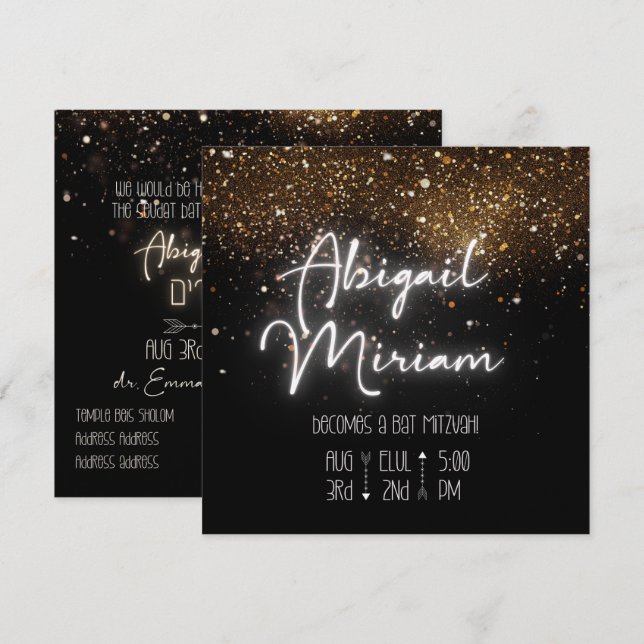 Elegant Glitter Hebrew Bat Mitzvah Invitation (Front/Back)