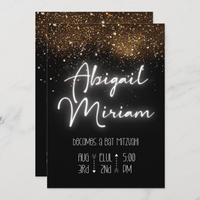 Elegant Glitter Hebrew Bat Mitzvah Invitation (Front/Back)