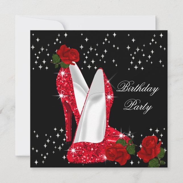 Elegant Glitter High Heels Red Rose Birthday 2 Invitation (Front)