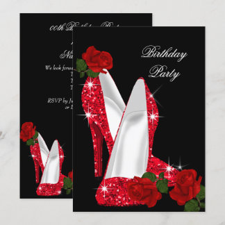 Elegant Glitter High Heels Red Rose Black Birthday Invitation