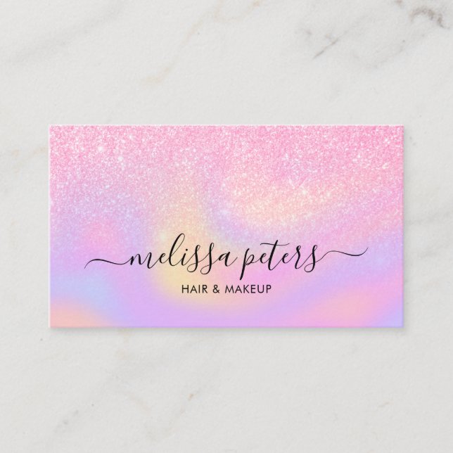 Elegant Glitter Holographic Script Makeup Artist Business Card (Front)