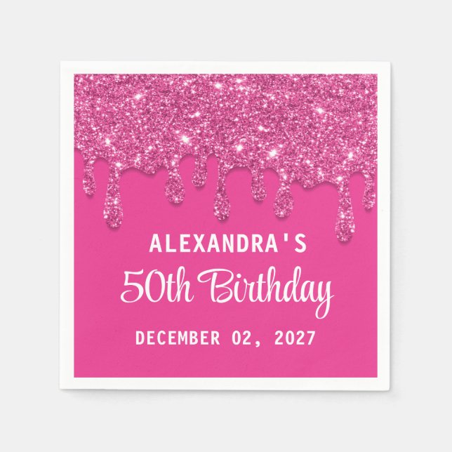 Elegant Glitter Hot Pink Drips 50th Birthday Napkins (Front)