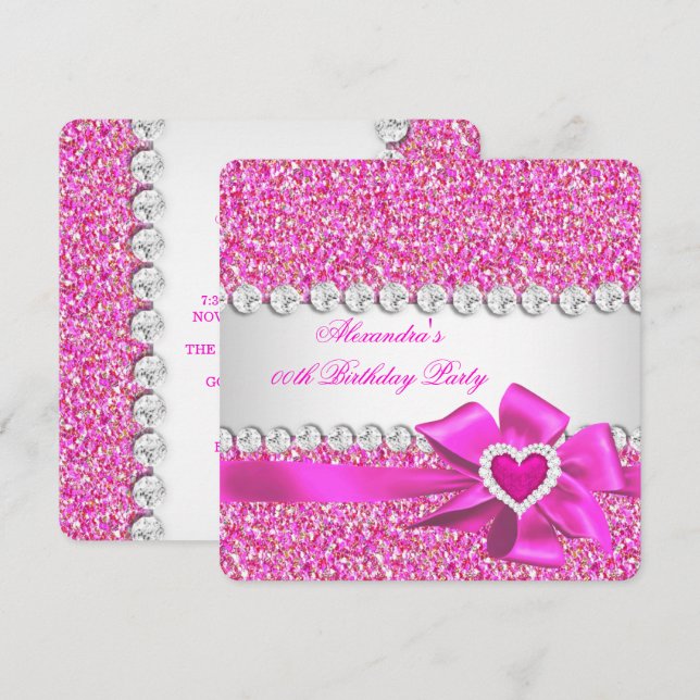 Elegant Glitter Hot Pink Heart Bow Birthday Party Invitation (Front/Back)