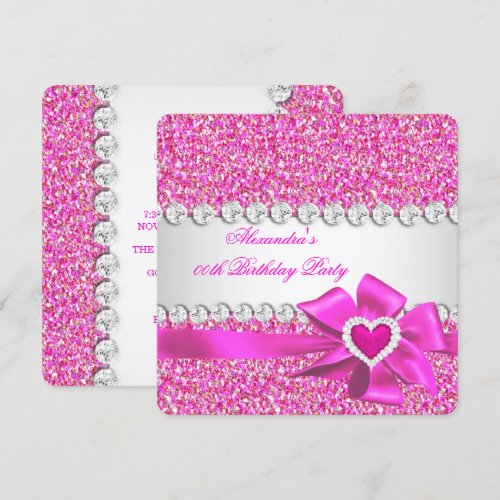 Elegant Glitter Hot Pink Heart Bow Birthday Party Custom Invitations
