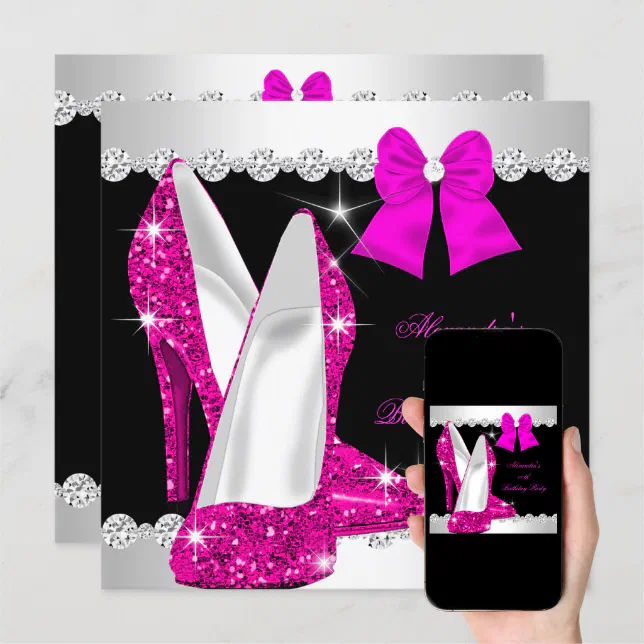 Elegant Glitter Hot Pink High Heels Birthday Invitation | Zazzle