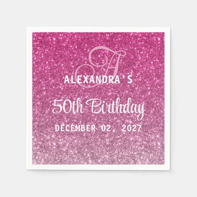 Elegant Glitter Hot Pink Ombre 50th Birthday Napkins (Front)