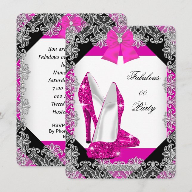 Elegant Glitter Hot Pink Stiletto Birthday Party 4 Invitation (Front/Back)