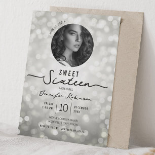 Elegant Glitter Lights Sweet 16 Birthday Silver Invitation