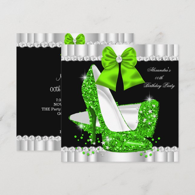 Elegant Glitter Lime Glamour High Heels Birthday 3 Invitation (Front/Back)