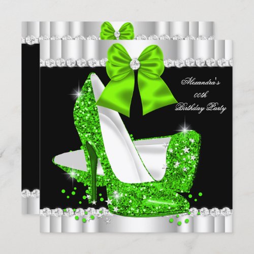 Elegant Glitter Lime Glamour High Heels Birthday 3 Invitation