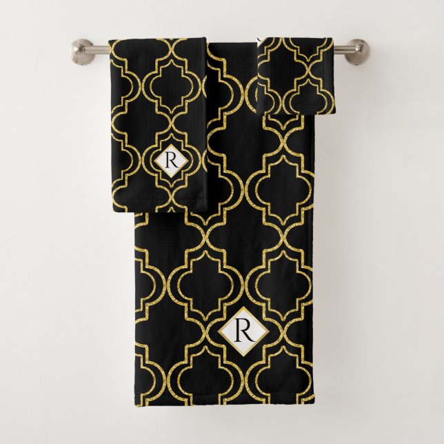 Elegant Glitter Look Black | Gold Moroccan Tile Bath Towel Set (Insitu)