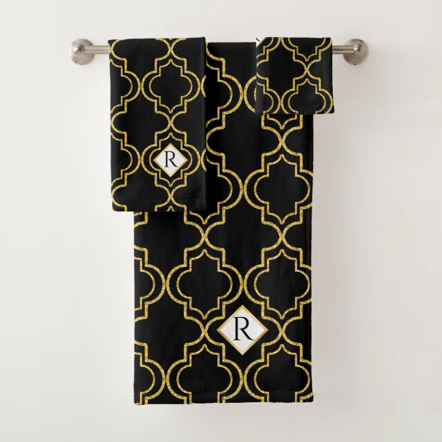 Elegant Glitter Look Black | Gold Moroccan Tile Bath Towel Set | Zazzle