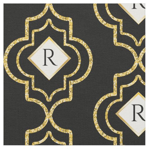 Elegant Glitter Look Black | Gold Moroccan Tile Fabric