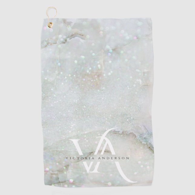Elegant Glitter Marble Monogram Sparkle Custom Golf Towel (Front)