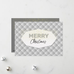 Elegant Glitter Merry Christmas Tartan Gray White Holiday Card