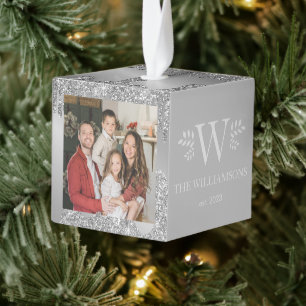 Elegant Glitter Monogram Christmas Family 3 Photo Cube Ornament