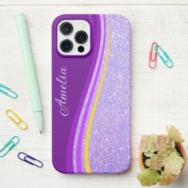 Elegant Glitter monogrammed Name iPhone Case (On Desk)