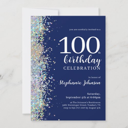Elegant Glitter Navy Blue 100th Birthday Party Invitation