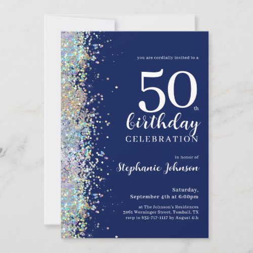 Elegant Glitter Navy Blue 50th Birthday Party Invitation