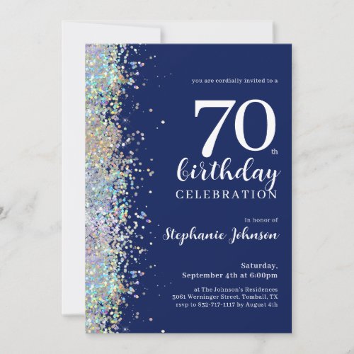 Elegant Glitter Navy Blue 70th Birthday Party Invitation