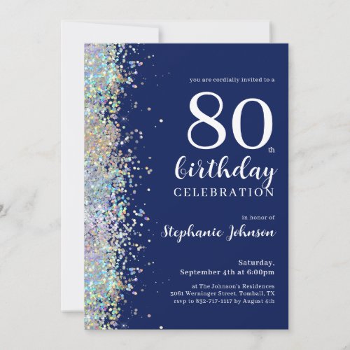 Elegant Glitter Navy Blue 80th Birthday Party Invitation