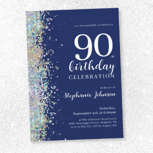 Elegant Glitter Navy Blue 90th Birthday Invitation