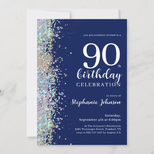 Elegant Glitter Navy Blue 90th Birthday Party Invitation