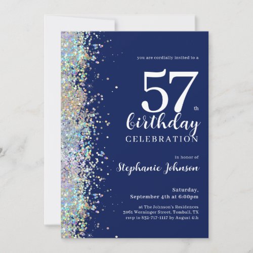 Elegant Glitter Navy Blue Any Age Birthday Party Invitation