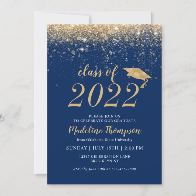 Elegant Glitter Navy Blue Gold Hat Graduation Invitation (Front)