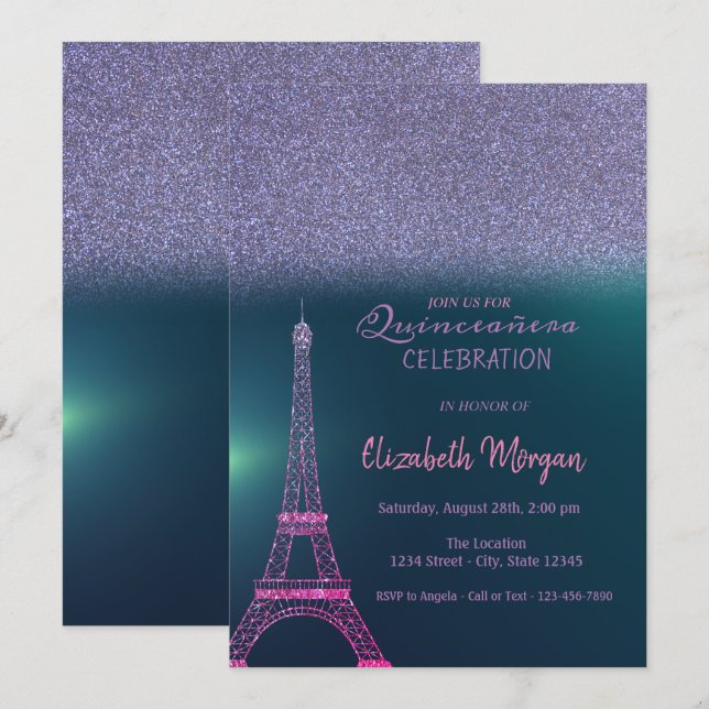 Elegant Glitter Ombre, Eiffel Tower Quinceanera Invitation (Front/Back)