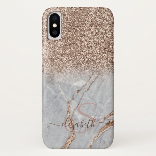 Elegant Glitter Ombre Rose Gold Marble Monogram Case-Mate iPhone Case (Back)