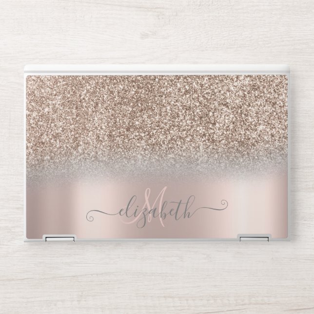 Elegant Glitter Ombre Rose Gold Monogram HP Laptop Skin (Front)