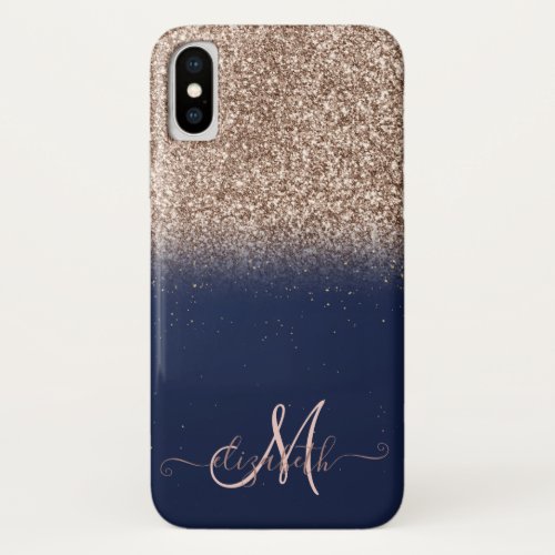 Elegant Glitter Ombre Rose Gold Monogram Navy Blue iPhone X Case