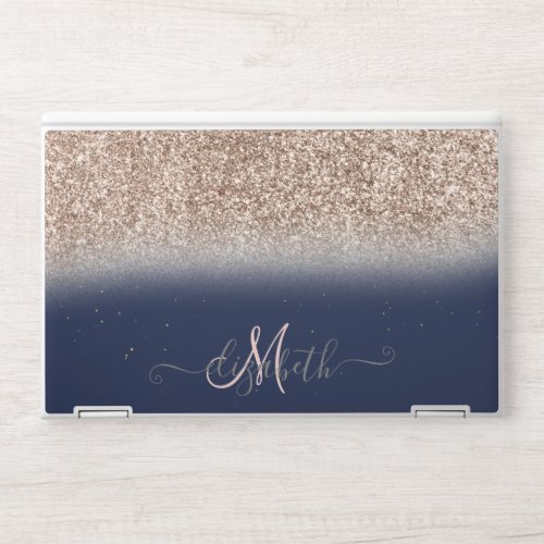 Elegant Glitter Ombre Silver Monogram Navy Blue HP Laptop Skin