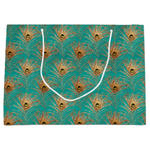 Elegant Glitter Peacock Feathers Pattern Large Gift Bag