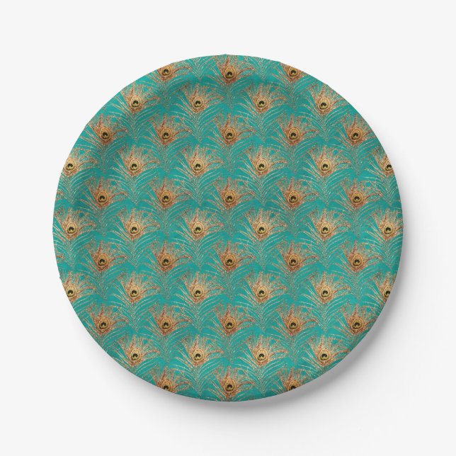 Elegant Glitter Peacock Feathers Pattern  Paper Plates (Front)