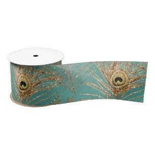 Elegant Glitter Peacock Feathers Pattern Satin Ribbon