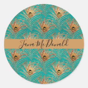 Elegant Glitter Peacock Feathers Personalized Classic Round Sticker