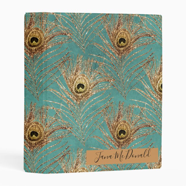 Elegant Glitter Peacock Feathers Personalized Mini Binder (Front/Spine)